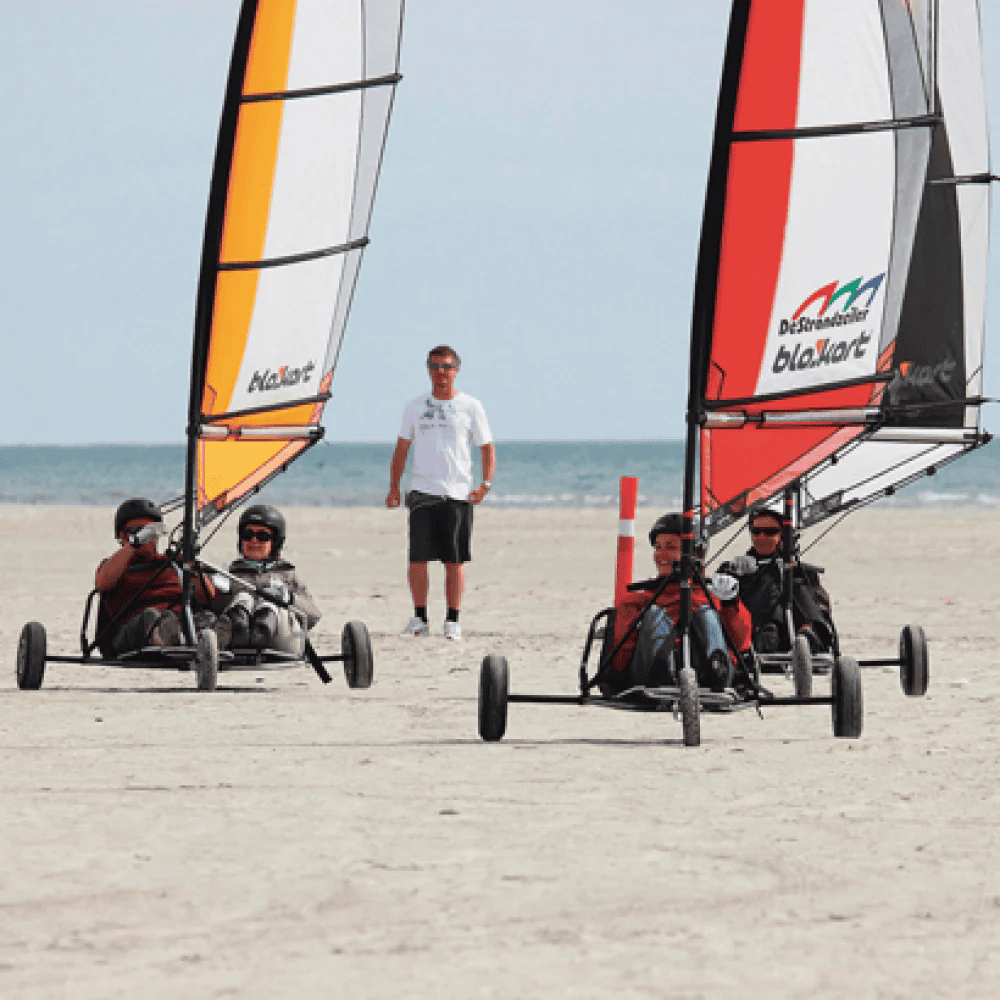 Fire personer kører ræs med blokart. De fire personer ser glade ud. Man kan få blokart sejl i gul, orange, rød og sort, men andre farver kan også fåes.