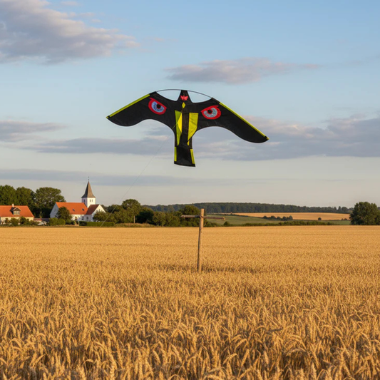 Wikz Mågeskræmmer Drage i sort og gul, flyvende over mark mod blå himmel
