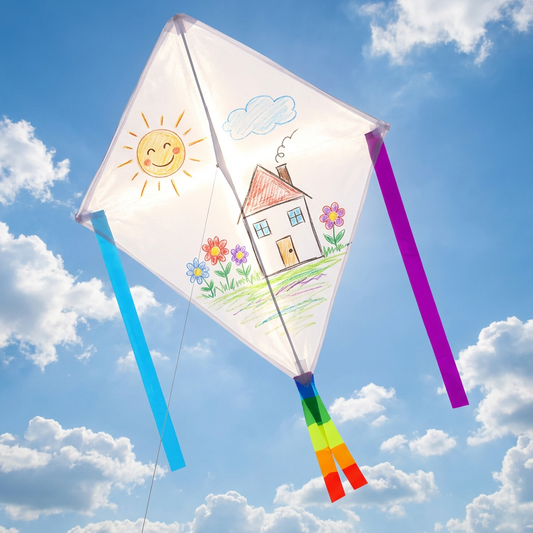 Wikz Ventus MyDesign drage med børnetegning, vist mod himlen