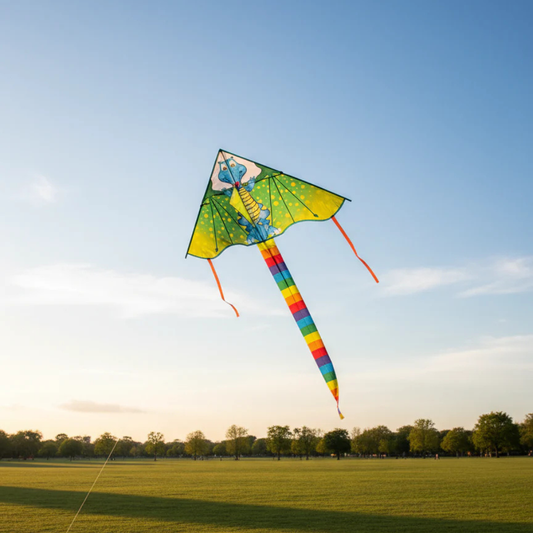 Wikz Zippy drage i grøn og gul, flyvende over mark mod blå himmel