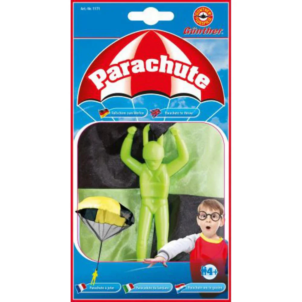 Günther Parachute - Æske med en grøn figur og en grøn og sort faldskærm