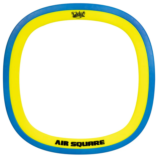 Wicked Air Square i blå og gul. En frisbee med hul i midten.