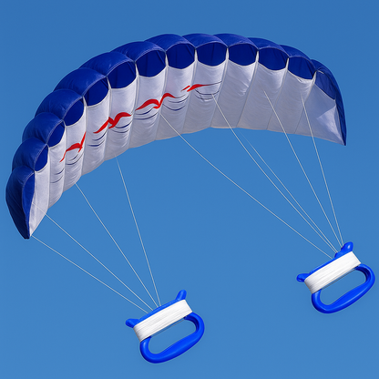 Wikz Parafoil drage i blå med styrehåndtag, produktfoto på blå baggrund