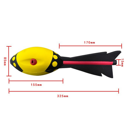 Wikz RocketRush luftraket i gul med mål og dimensioner vist