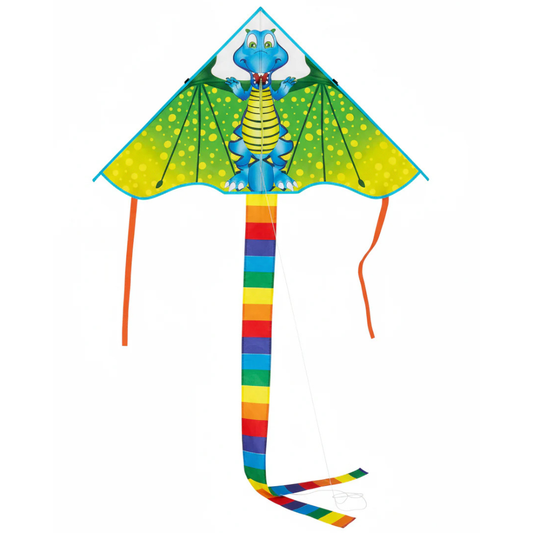 Wikz Zippy børnedrage i grøn og gul med lange haler, vist på hvid baggrund